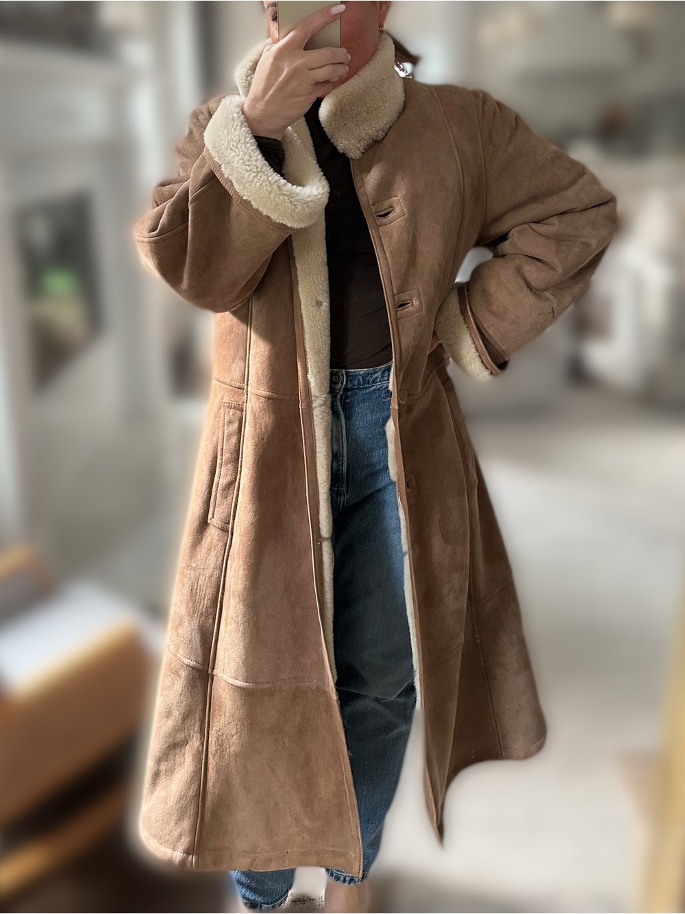 Vintage Oscar de la Renta Shearling-Trim Suede Coat in Tan
